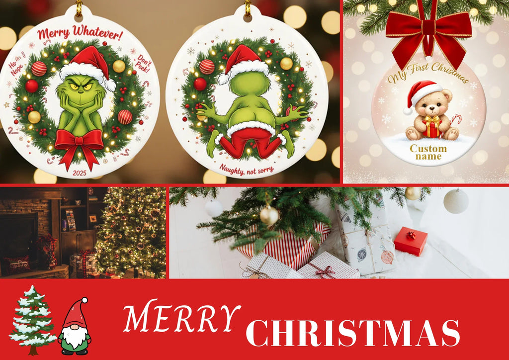 Christmas decoration product collage: Funny Grinch Ornament, "My First Christmas" Teddy Bear Ornament with customized name, with pictures of pine trees and gifts.