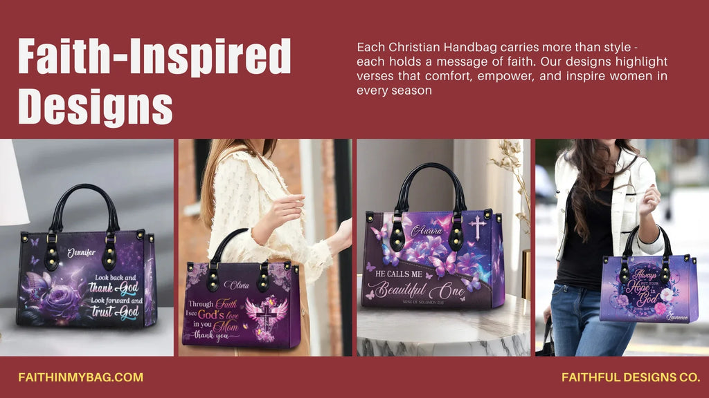 Faith-inspired Christian handbag designs featuring Scripture and personalized artwork.