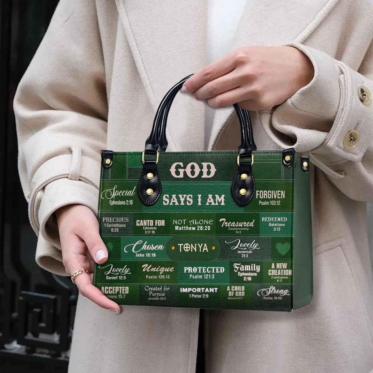 Personalized Christian Handbag: God Says I Am Green Patchwork - A Meaningful Everyday Companion