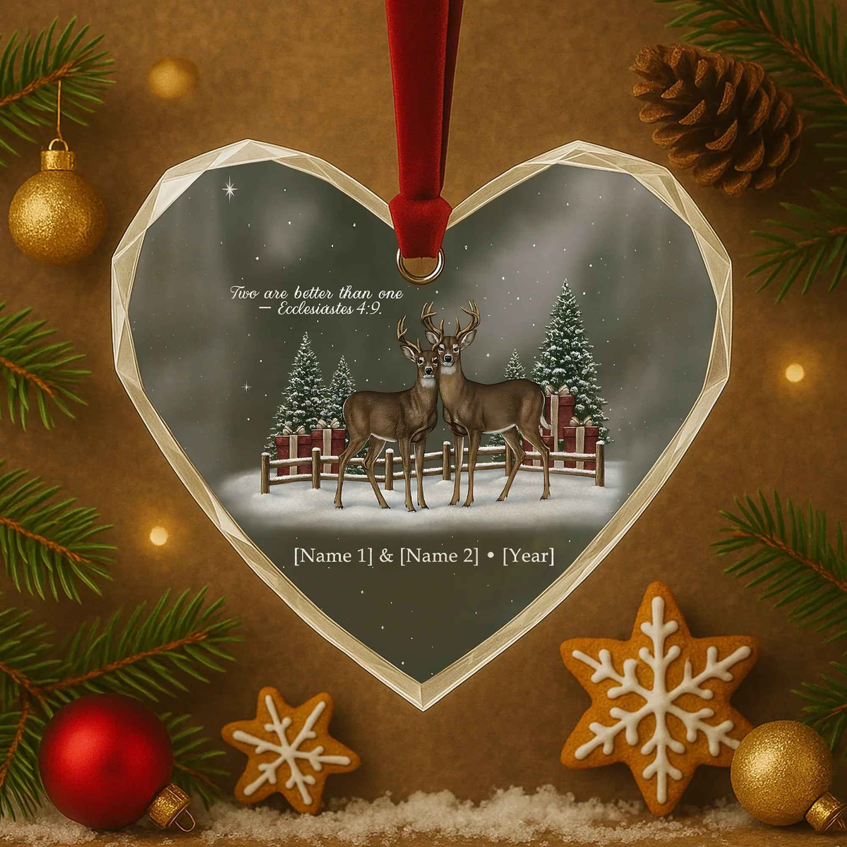 Deer Couple Heart Personalized Christmas Ornament
