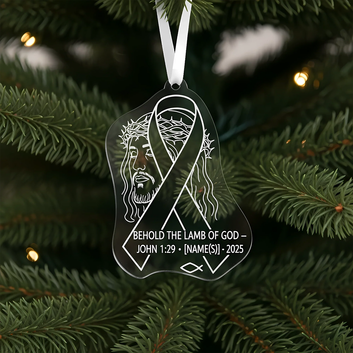 Jesus Ribbon Decor John 1:29 - Personalized Christmas Ornament - Faith In My Bag is a brand operated by Gemini Clothing LLC