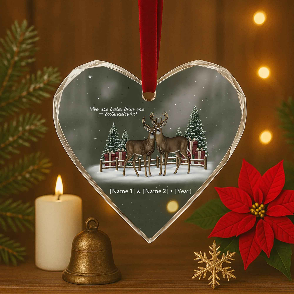Deer Couple Heart Personalized Christmas Ornament