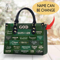 Green Christian handbag featuring 'GOD SAYS I AM' and various Bible verses.
