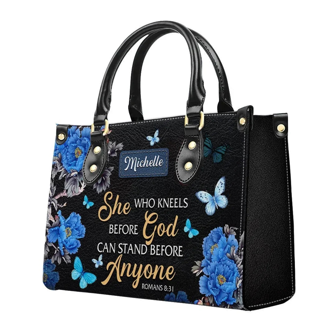 She Who Kneels Before God Romans 8 31 Personalized Christian Handbag - Faith In My Bag is a brand operated by Gemini Clothing LLC