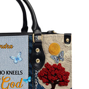 She Who Kneels Before God Romans 8 31 - Personalized Christian Handbag - Faith In My Bag is a brand operated by Gemini Clothing LLC
