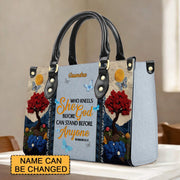 She Who Kneels Before God Romans 8 31 - Personalized Christian Handbag - Faith In My Bag is a brand operated by Gemini Clothing LLC