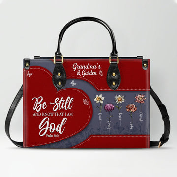 CHRISTIANARTBAG | Personalized Leather Handbag Tote | "Be Still & Know" Bible Verse Grandma's Garden | Custom Birth Month Flower Gift