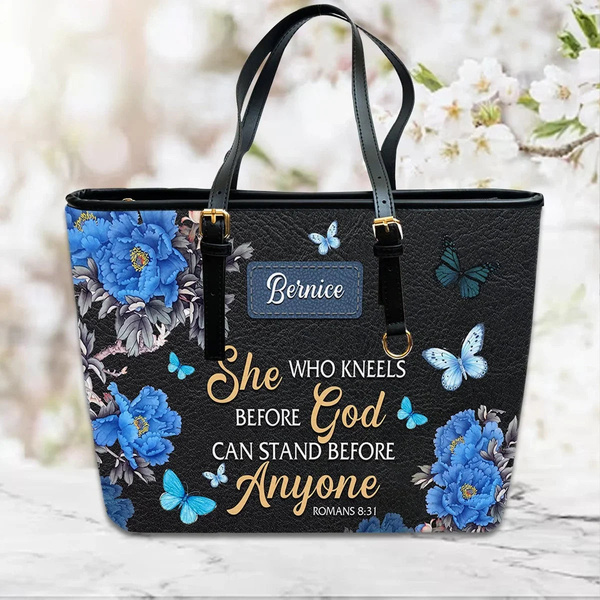 She Who Kneels Before God Romans 8 31 Personalized Christian Handbag - Faith In My Bag is a brand operated by Gemini Clothing LLC