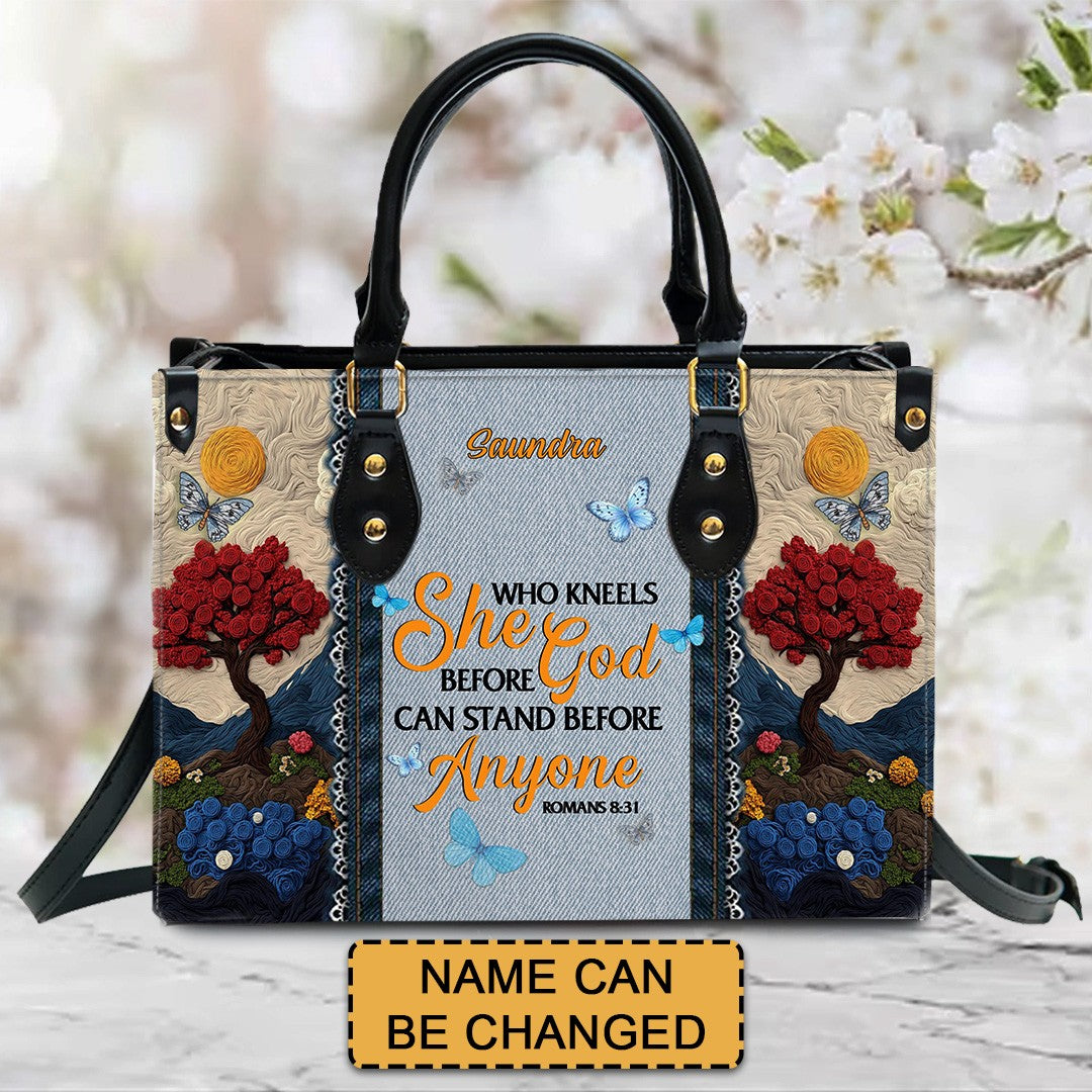 She Who Kneels Before God Romans 8 31 - Personalized Christian Handbag - Faith In My Bag is a brand operated by Gemini Clothing LLC