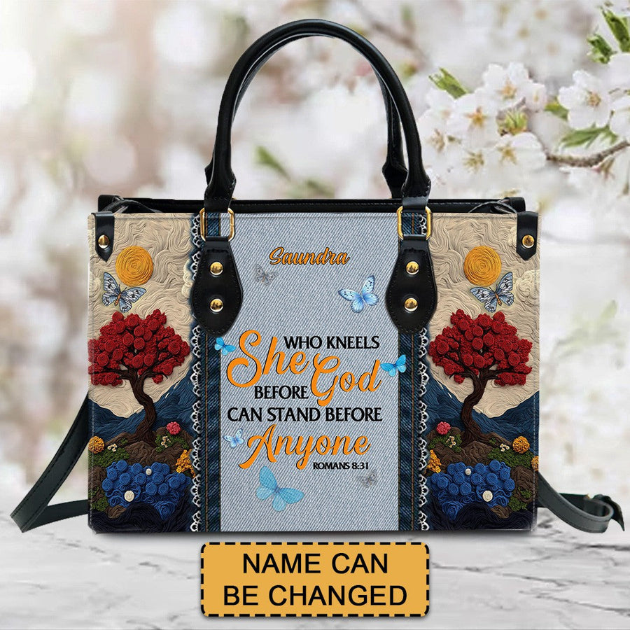 She Who Kneels Before God Romans 8 31 - Personalized Christian Handbag - Faith In My Bag is a brand operated by Gemini Clothing LLC