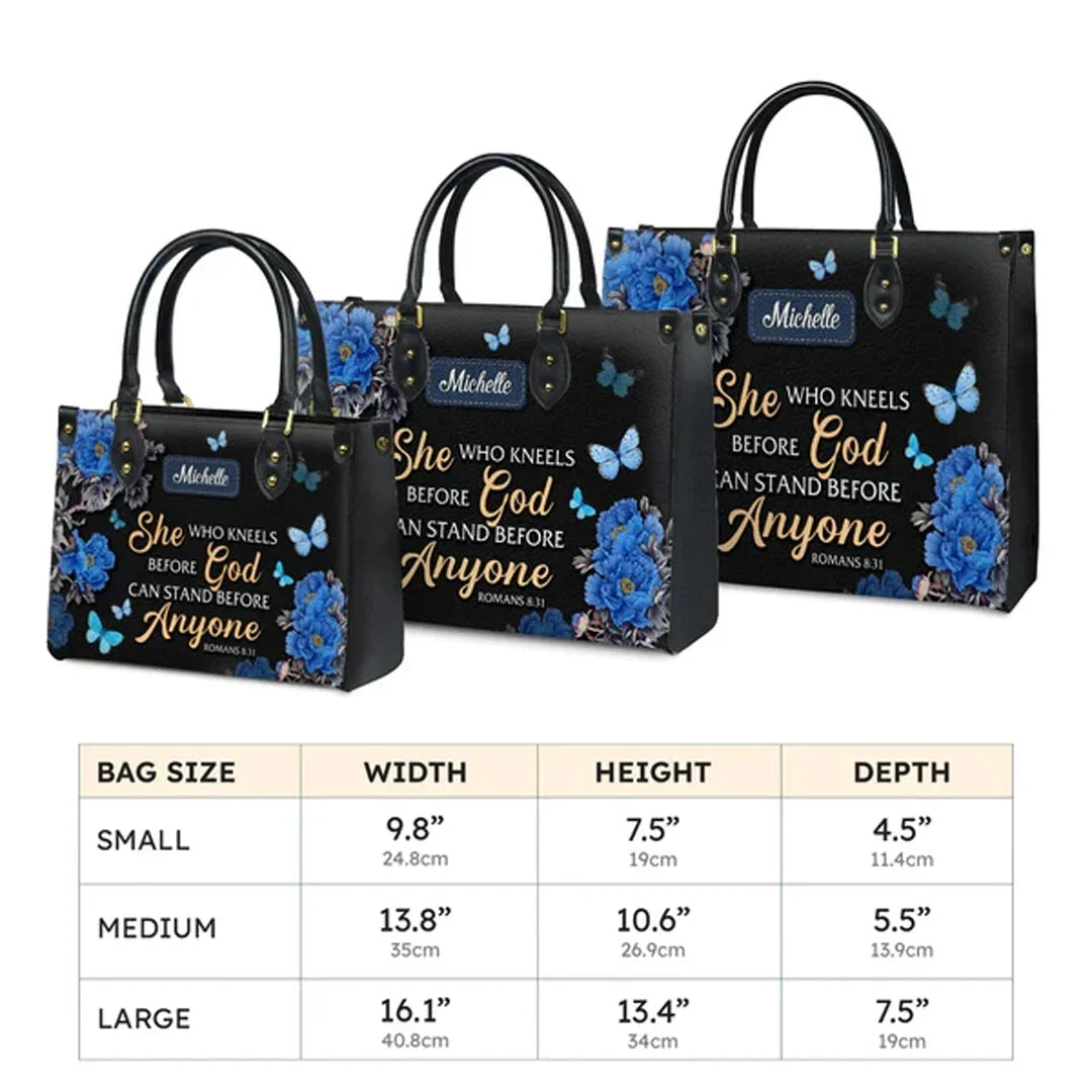 She Who Kneels Before God Romans 8 31 Personalized Christian Handbag - Faith In My Bag is a brand operated by Gemini Clothing LLC