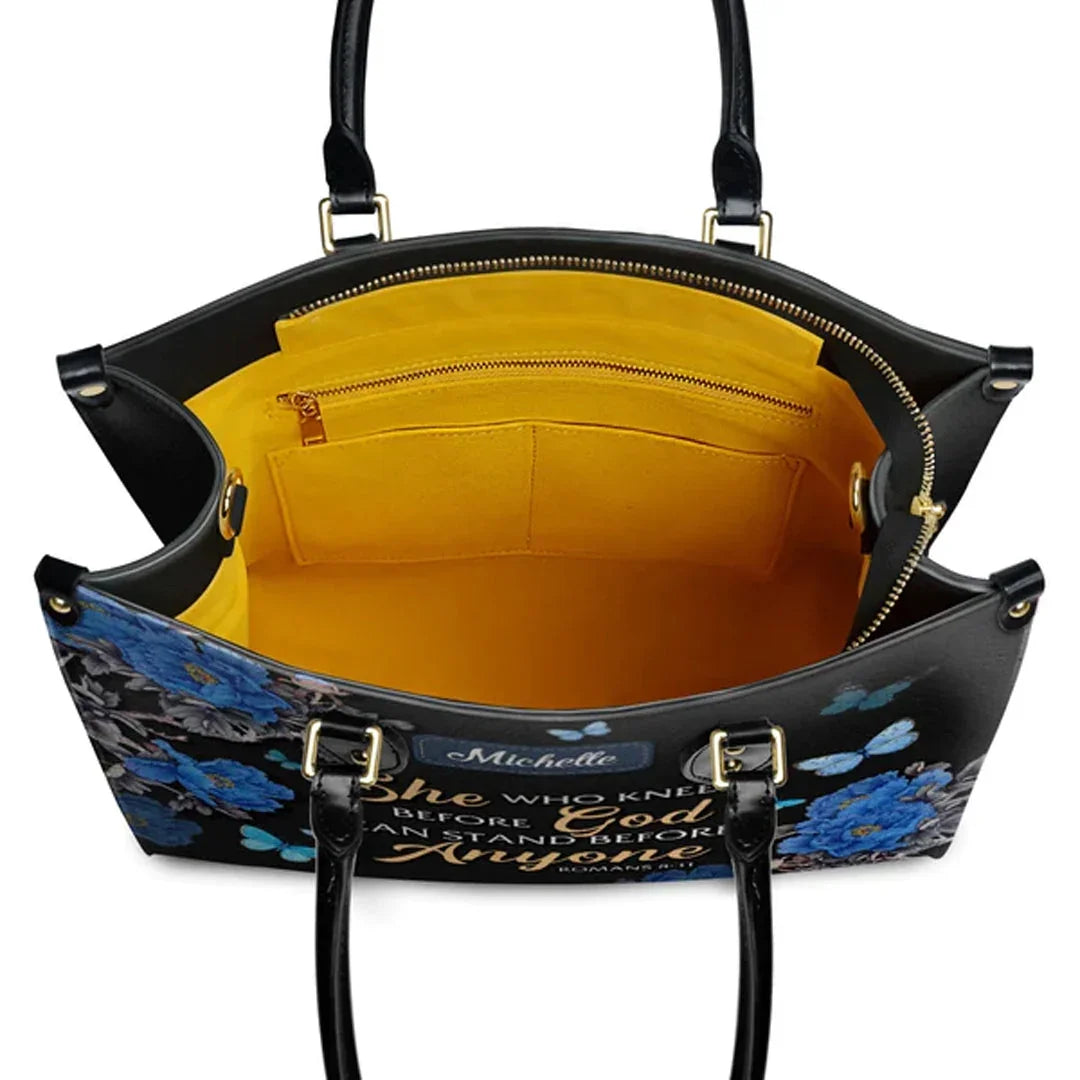 She Who Kneels Before God Romans 8 31 Personalized Christian Handbag - Faith In My Bag is a brand operated by Gemini Clothing LLC