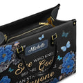 She Who Kneels Before God Romans 8 31 Personalized Christian Handbag - Faith In My Bag is a brand operated by Gemini Clothing LLC