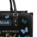 She Who Kneels Before God Romans 8 31 Personalized Christian Handbag - Faith In My Bag is a brand operated by Gemini Clothing LLC