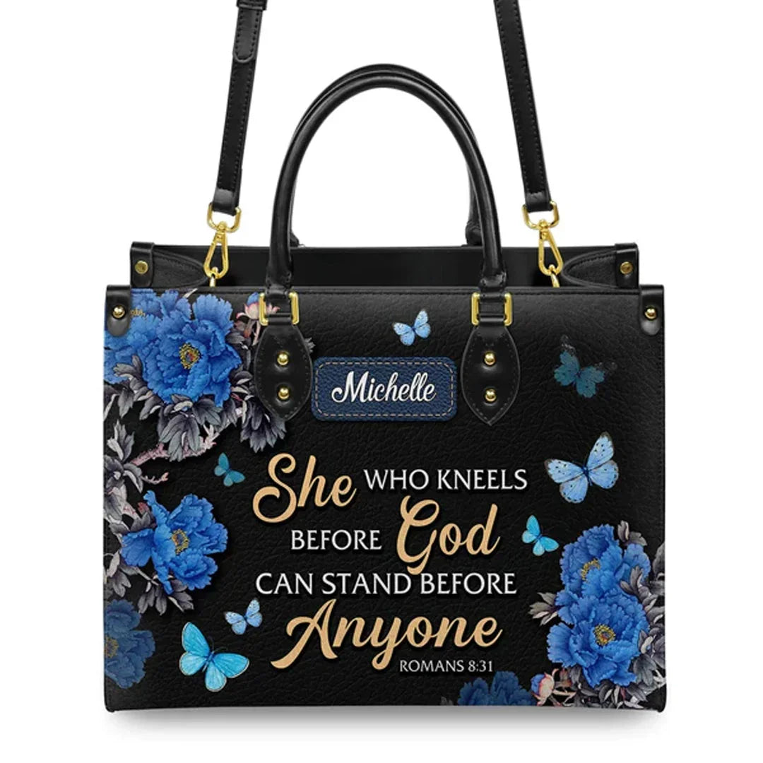 She Who Kneels Before God Romans 8 31 Personalized Christian Handbag - Faith In My Bag is a brand operated by Gemini Clothing LLC