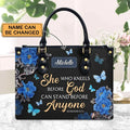 She Who Kneels Before God Romans 8 31 Personalized Christian Handbag - Faith In My Bag is a brand operated by Gemini Clothing LLC