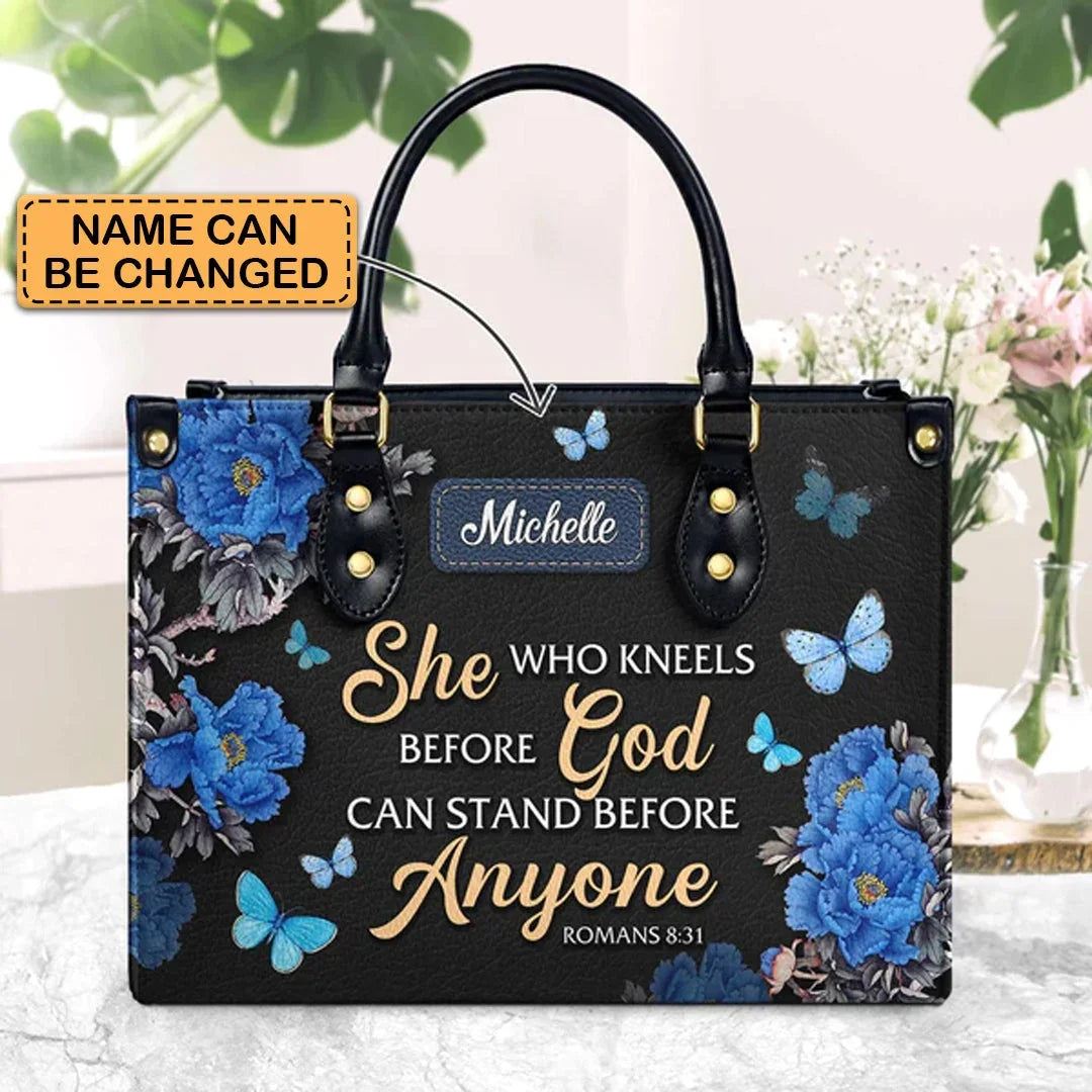 She Who Kneels Before God Romans 8 31 Personalized Christian Handbag - Faith In My Bag is a brand operated by Gemini Clothing LLC