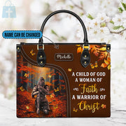 Christianartbag Handbags, A Child Of God A Woman Of Faith A Warrior Of Christ Leather Handbag, Autumn Women Warrior Leather Handbag, Gifts for Women, CABLTB02181023.