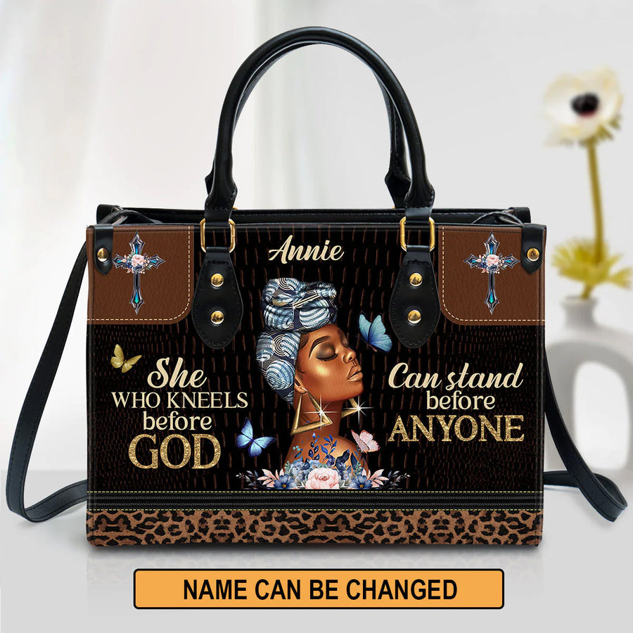 Christianart Designer Handbags, She Who Kneels Before God Can Stand Before Anyone, Personalized Gifts, Gifts for Women.