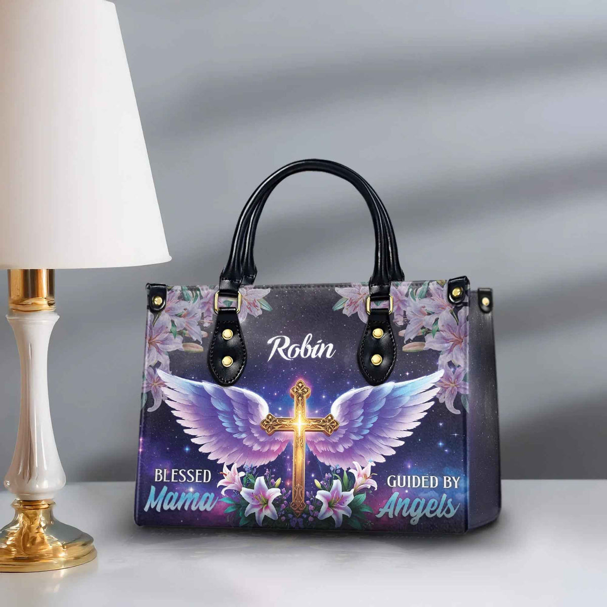 Blessed Mama Guided by Angels Cross Wings Personalized Christian Handbag