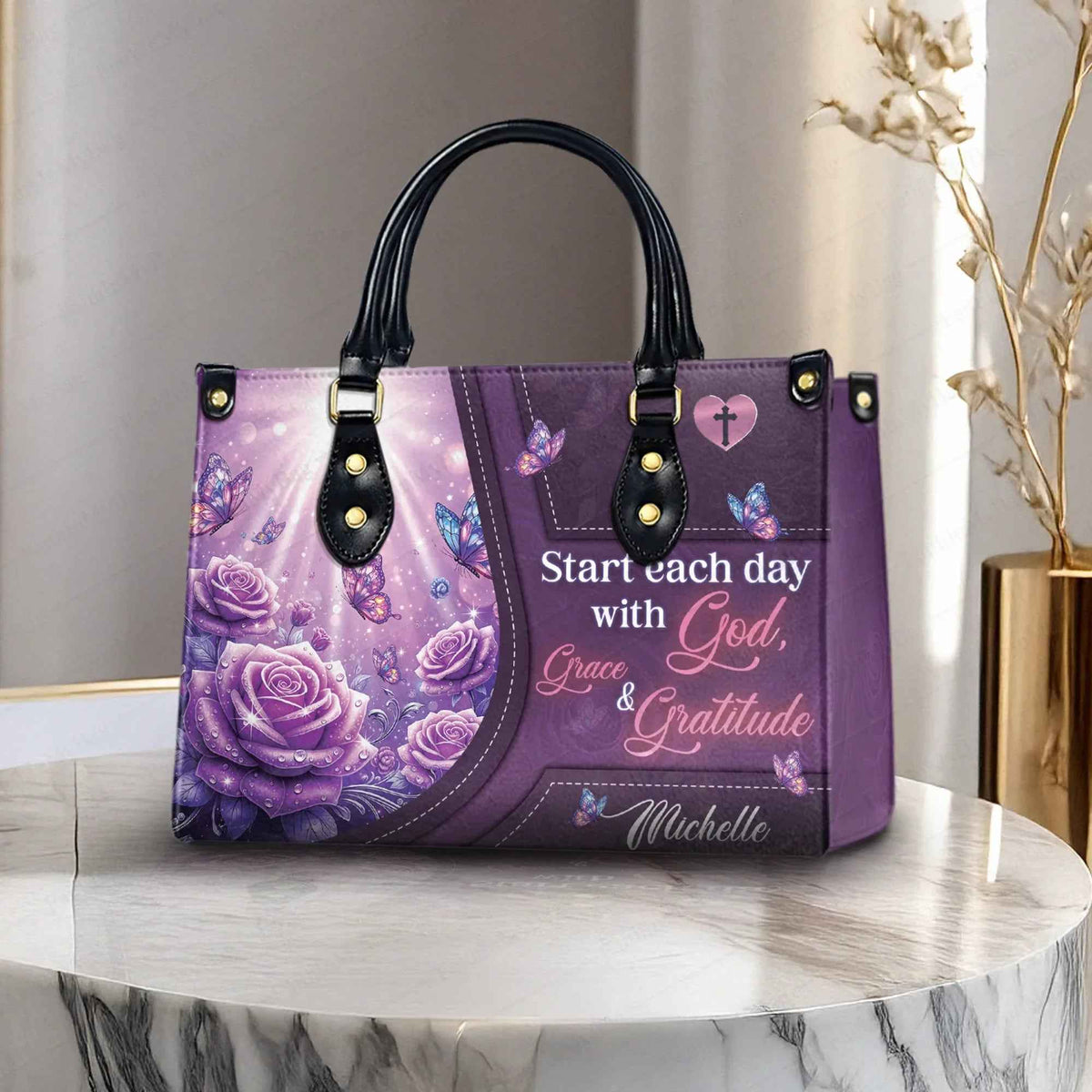 Start Each Day with God, Grace & Gratitude Personalized Christian Handbag