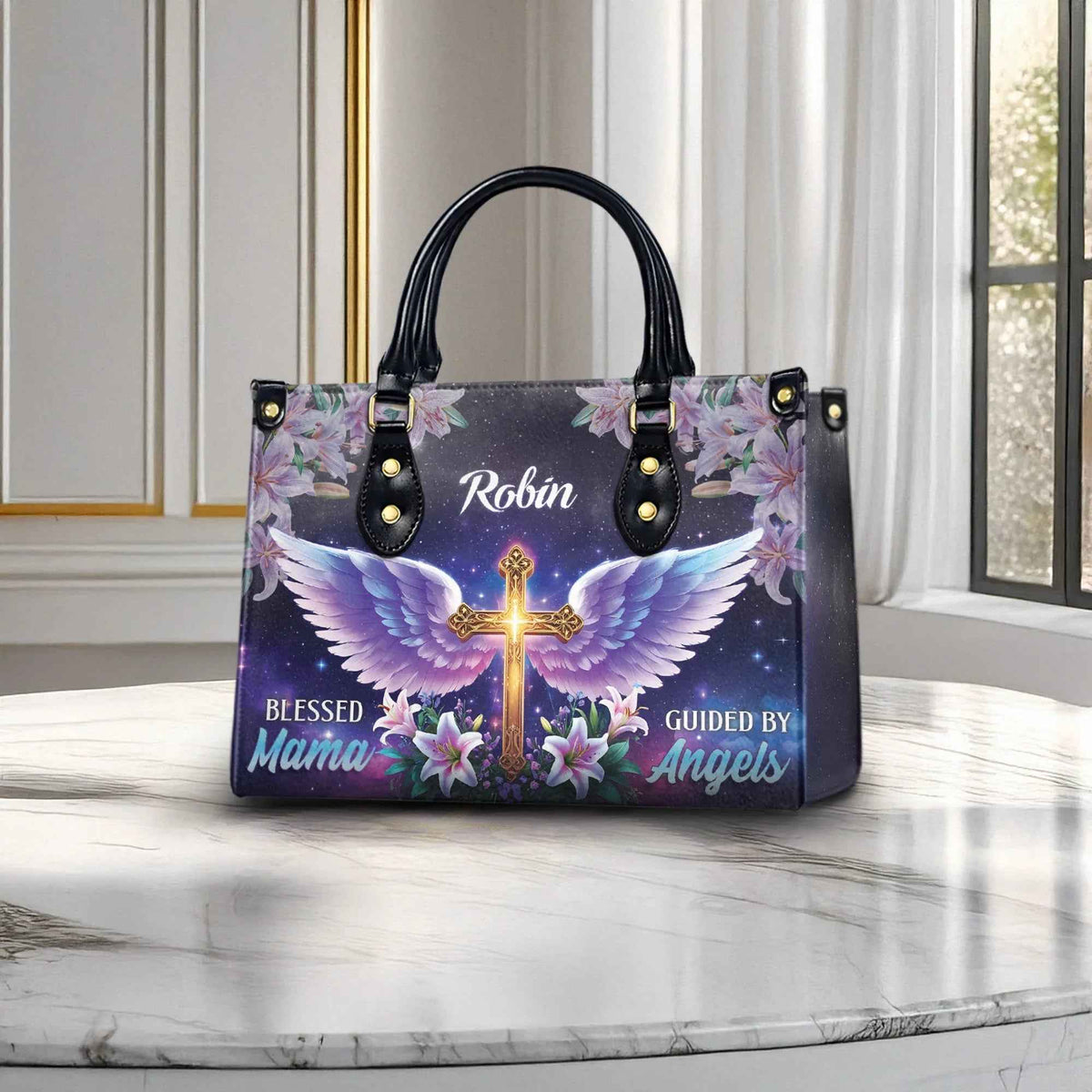 Blessed Mama Guided by Angels Cross Wings Personalized Christian Handbag