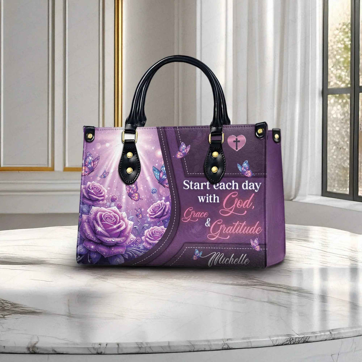 Start Each Day with God, Grace & Gratitude Personalized Christian Handbag