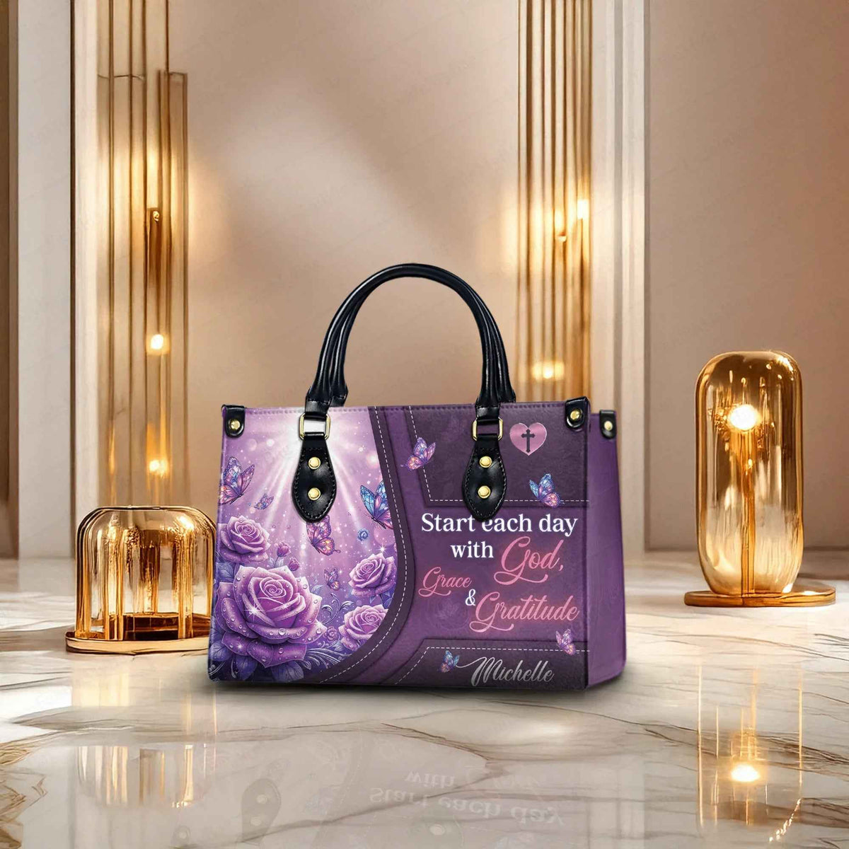 Start Each Day with God, Grace & Gratitude Personalized Christian Handbag