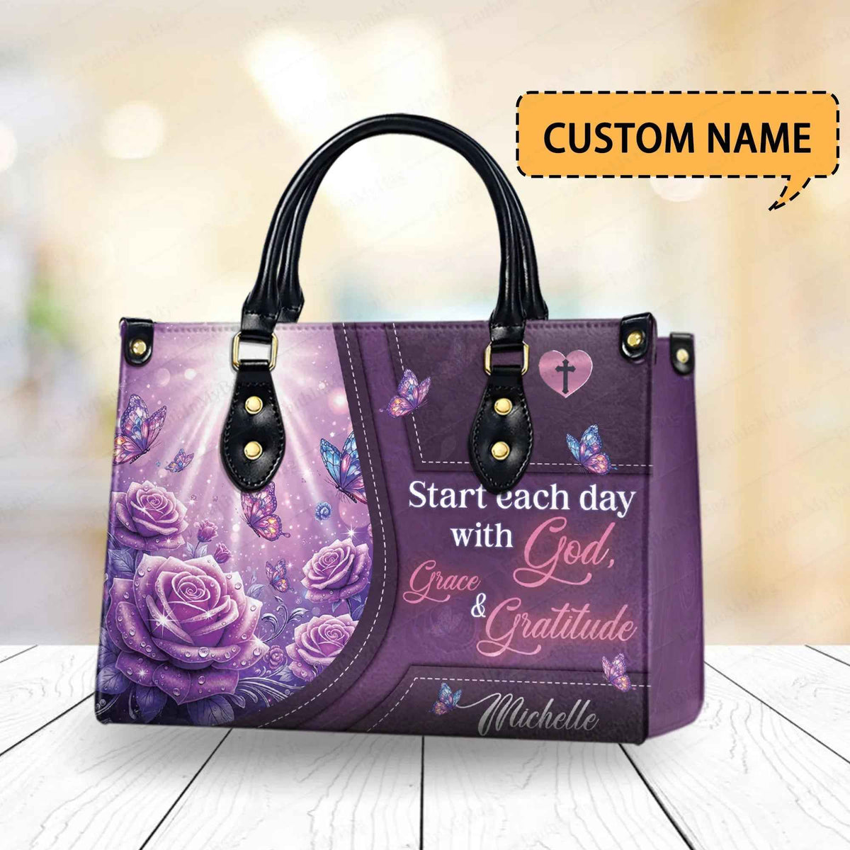 Start Each Day with God, Grace & Gratitude Personalized Christian Handbag