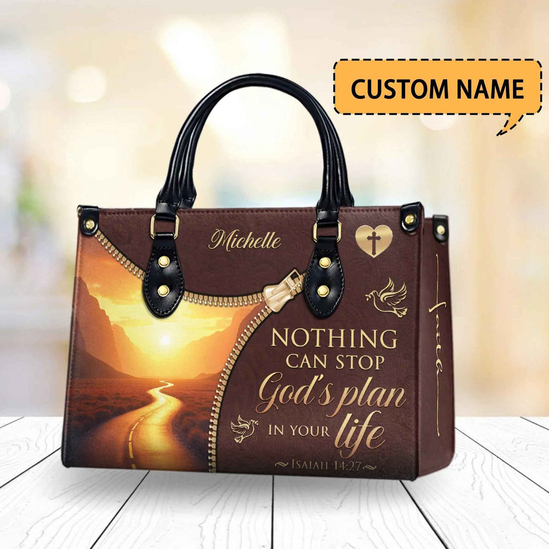 Pu Leather Blessed Mama Guided by Angels Cross Wings Bag for Mom Religious Copy
