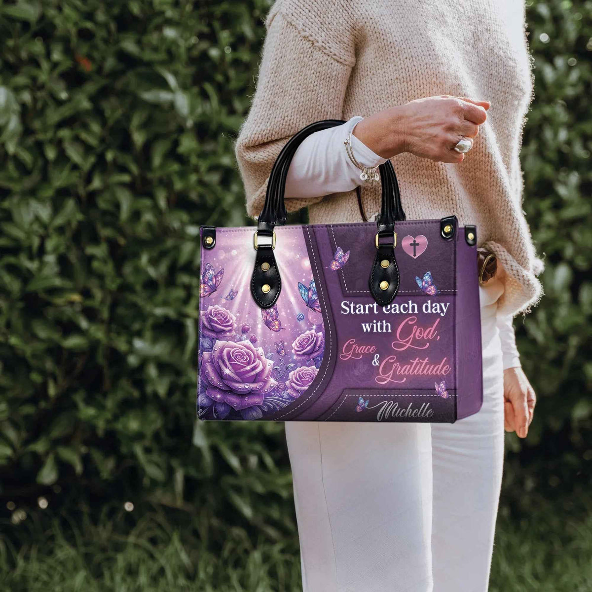 Start Each Day with God, Grace & Gratitude Personalized Christian Handbag