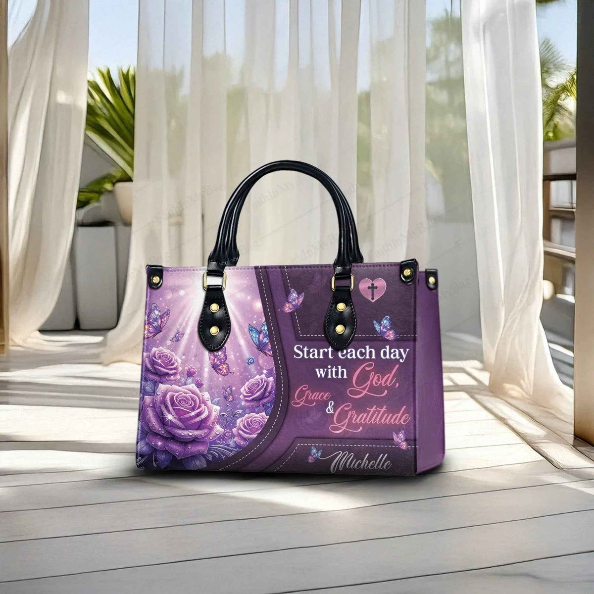 Start Each Day with God, Grace & Gratitude Personalized Christian Handbag