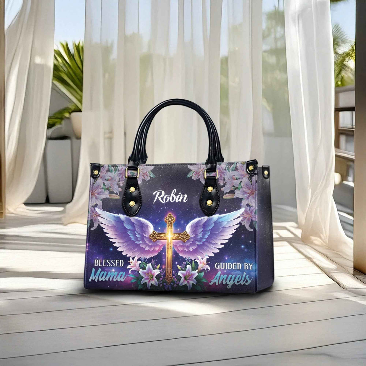 Blessed Mama Guided by Angels Cross Wings Personalized Christian Handbag