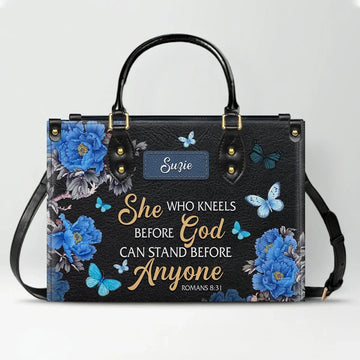 She Who Kneels Before God Romans 8 31 Personalized Christian Handbag - Faith In My Bag is a brand operated by Gemini Clothing LLC