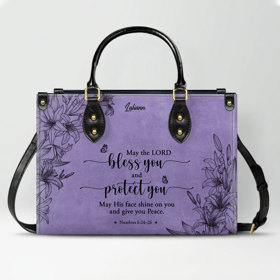 Personalized Christian Handbag - Custom Purple Leather Bible Verse Tote