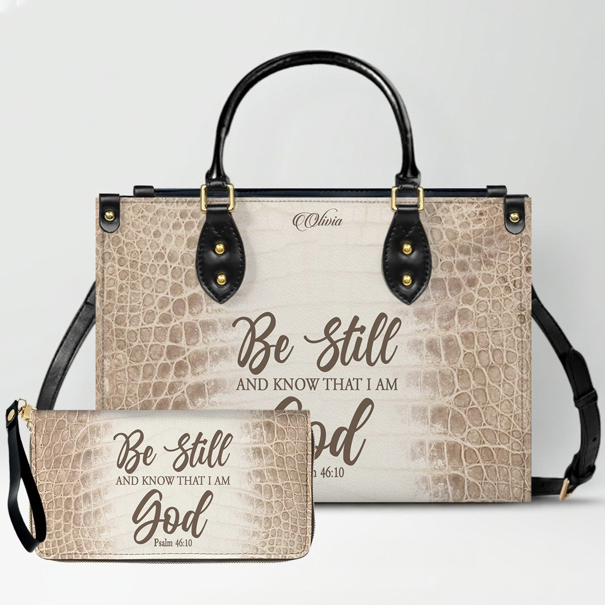 Personalized Christian Leather Handbag & Long Wallet Set – Custom Bible Verse Gift for Women
