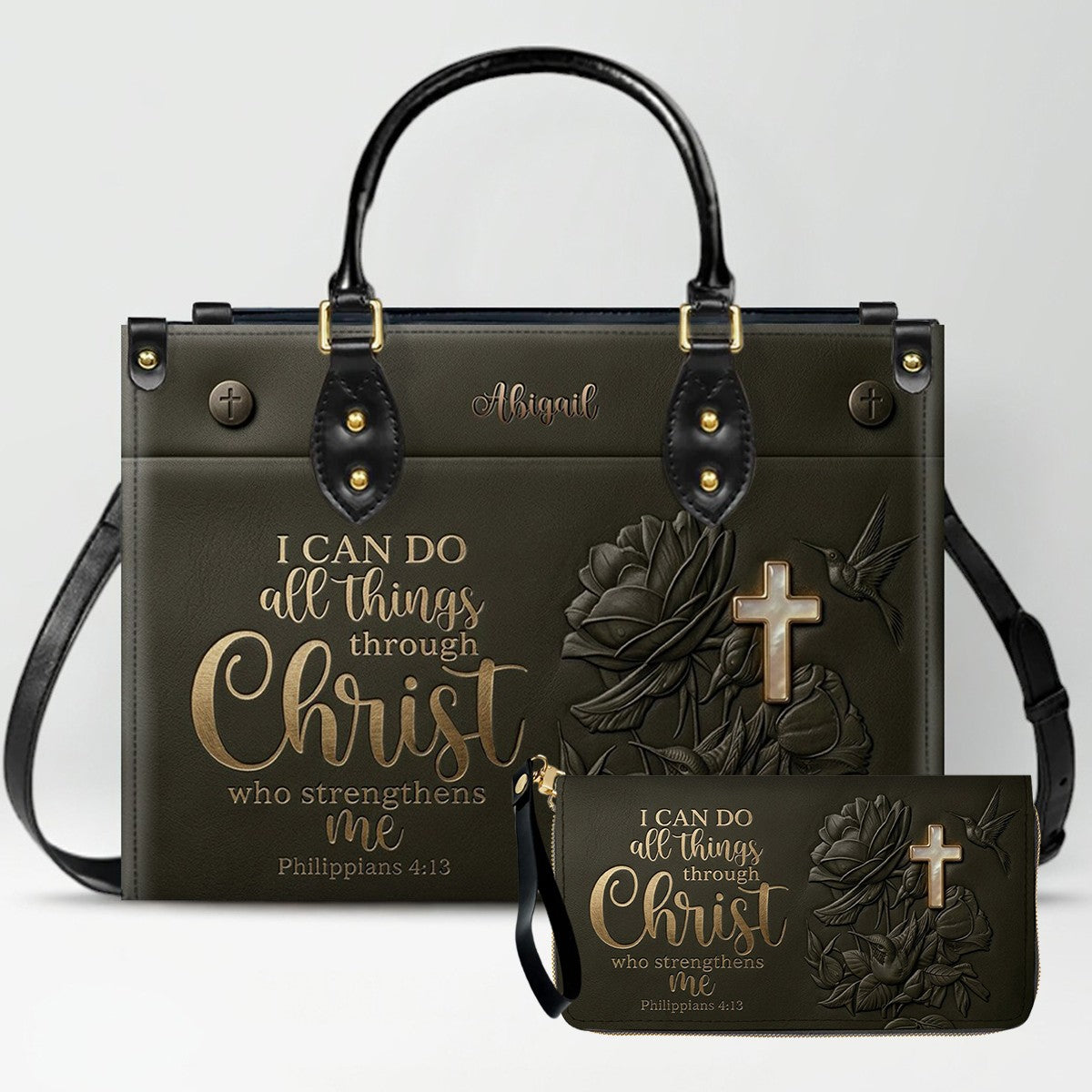 Personalized Leather Handbag for Christian Women - Custom Name "I Can Do All Things" Floral Cross Leather Purse | CHRISTIANARTBAG 01072126