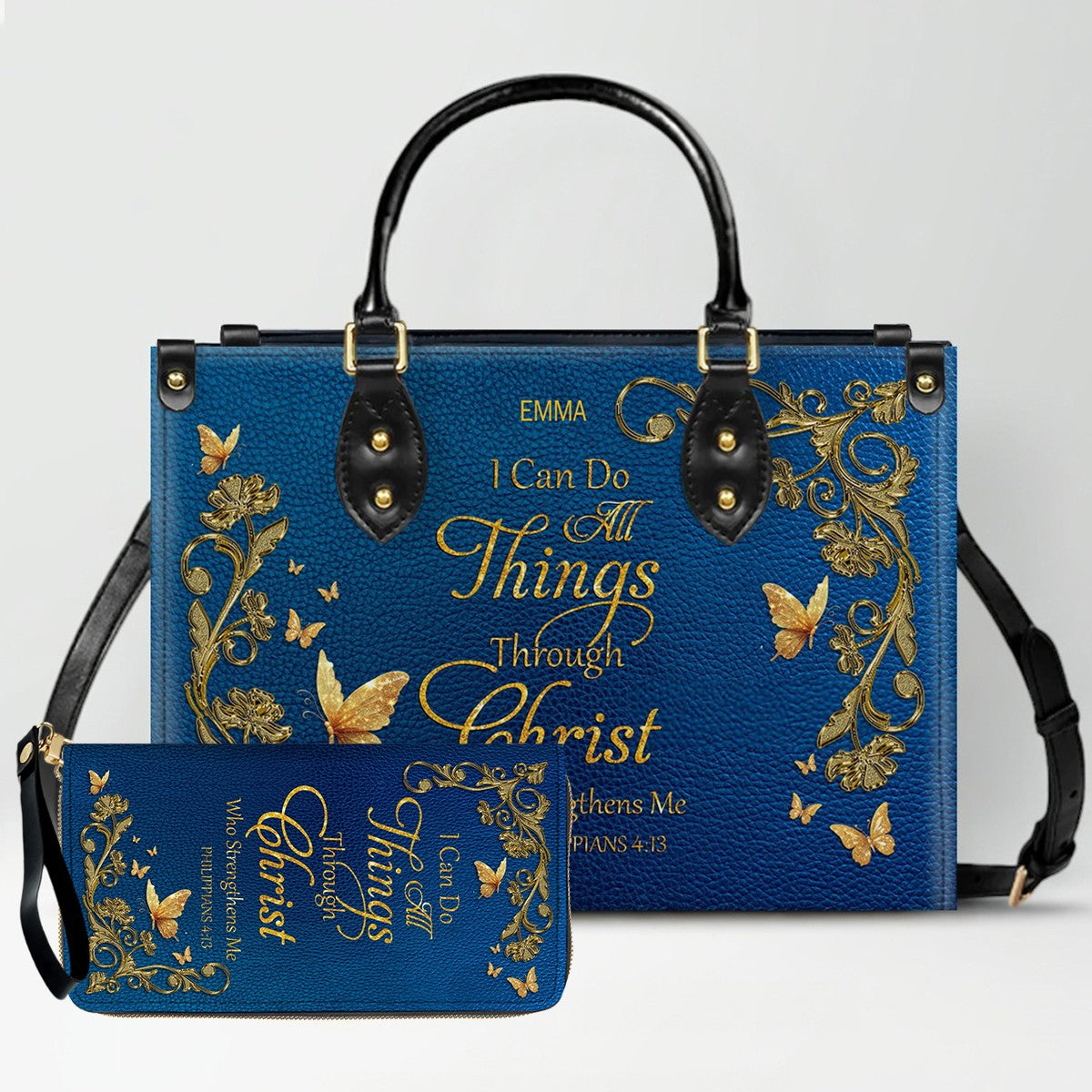 Personalized Christian Leather Handbag – Gold Navy Bible Verse Tote for Women | CHRISTIANARTBAG CAB01122525