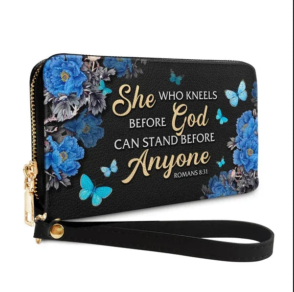 She Who Kneels Before God Romans 8 31 Personalized Christian Handbag - Faith In My Bag is a brand operated by Gemini Clothing LLC