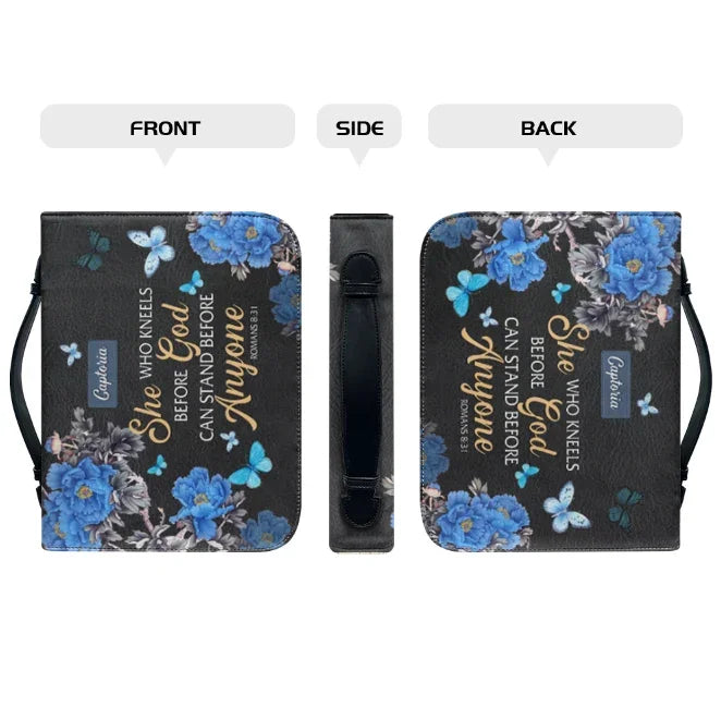 She Who Kneels Before God Romans 8 31 Personalized Christian Handbag - Faith In My Bag is a brand operated by Gemini Clothing LLC