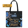 She Who Kneels Before God Romans 8 31 Personalized Christian Handbag - Faith In My Bag is a brand operated by Gemini Clothing LLC