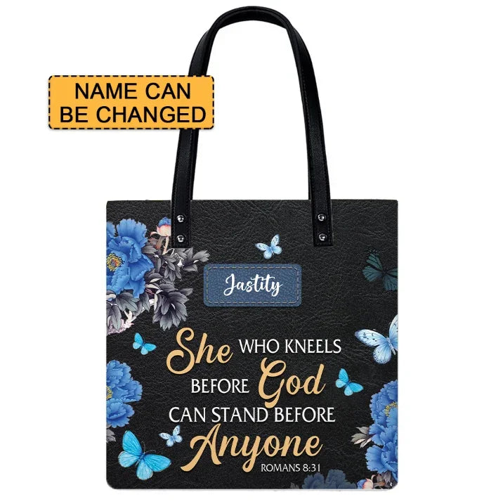 She Who Kneels Before God Romans 8 31 Personalized Christian Handbag - Faith In My Bag is a brand operated by Gemini Clothing LLC