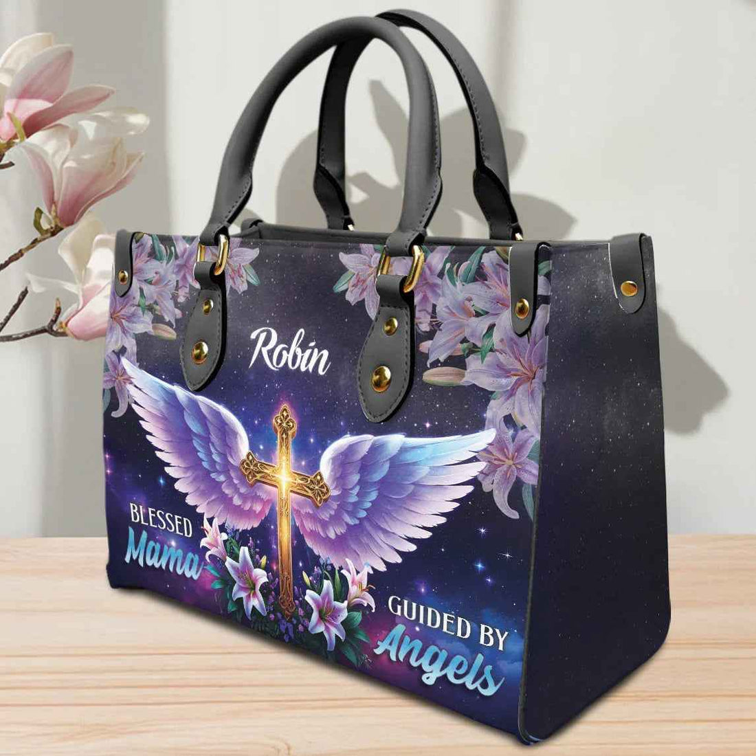 Blessed Mama Guided by Angels Cross Wings Personalized Christian Handbag